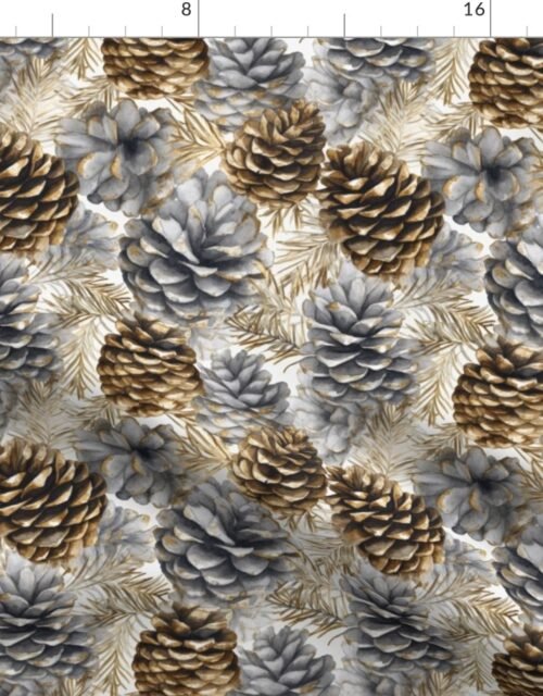 Snow Covered Faux Silver and Gold_Pinecones Watercolor Fabric