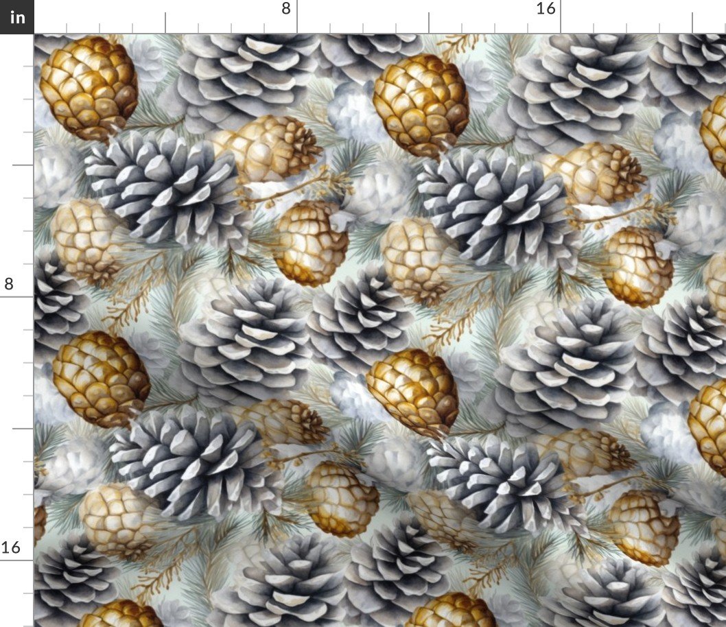 Snow Covered Faux Silver and Gold_Pinecones Watercolor Fabric