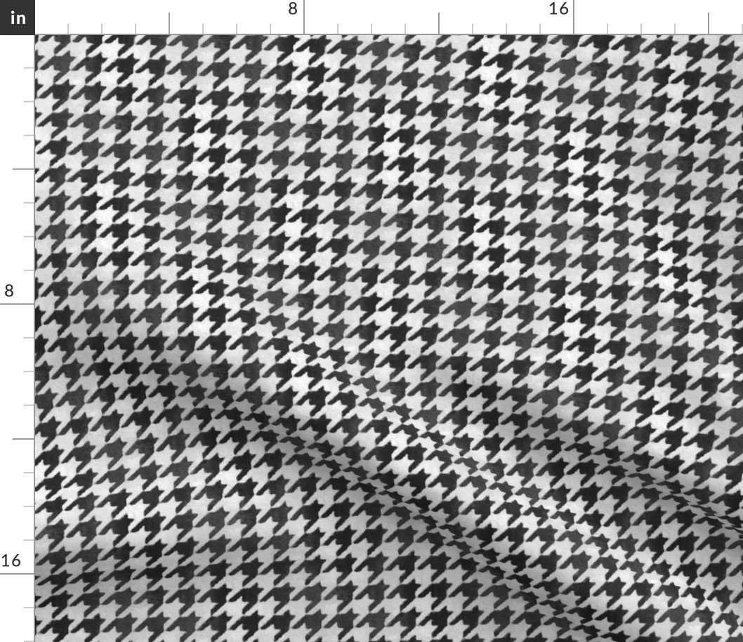 Soot Black and White Handpainted Houndstooth Check Watercolor Pattern Fabric