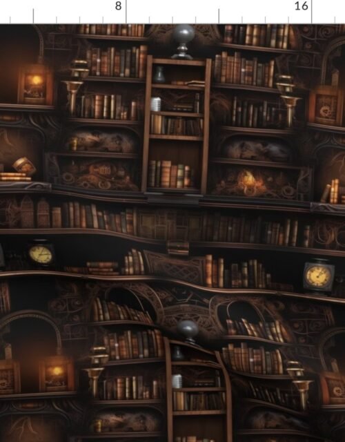 Spooky Photo-realisticSmall Dark Academia Stampunk Bookshelves in Muted Tones with Glowing Candles and Skulls Fabric