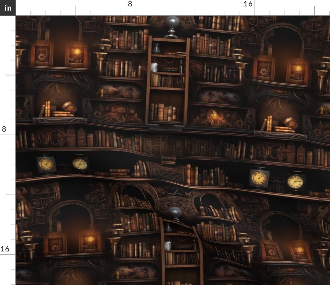 Spooky Photo-realisticSmall Dark Academia Stampunk Bookshelves in Muted Tones with Glowing Candles and Skulls Fabric