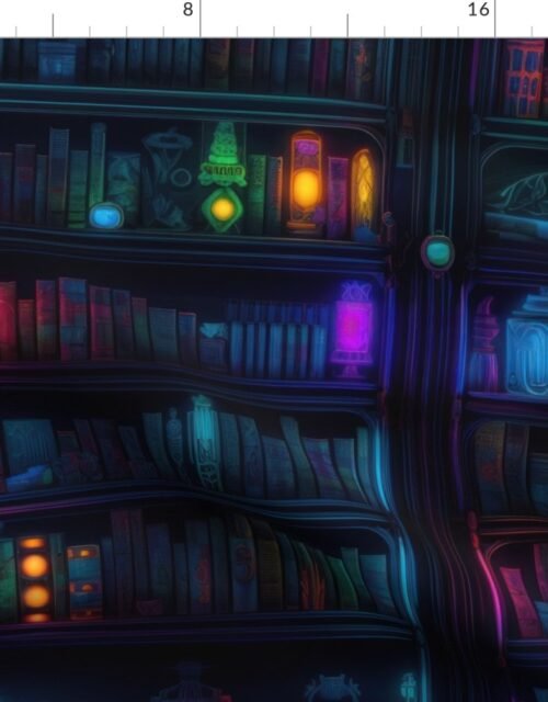 Spooky Photo-realistic Dark Academia Bookshelves in Bright Neons with Glowing Lanterns Fabric