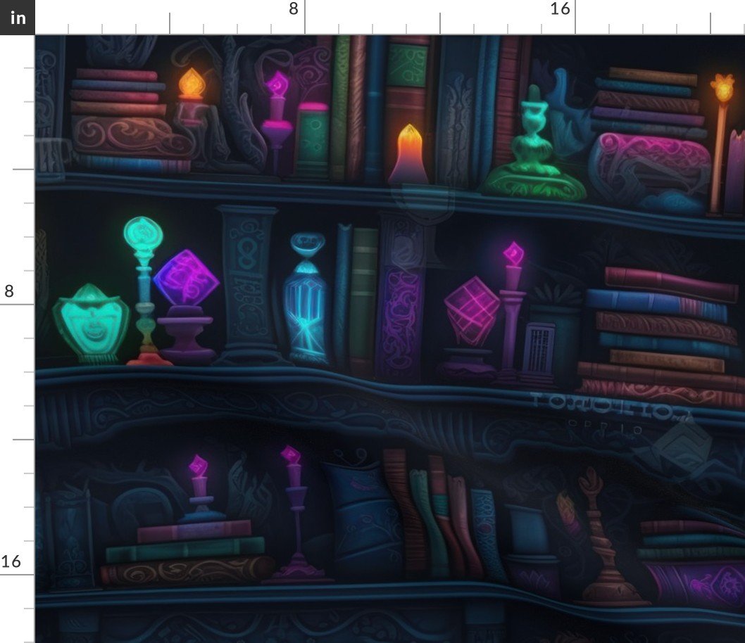 Spooky Photo-realistic Dark Academia Bookshelves in Bright Neons with Glowing Lanterns Fabric