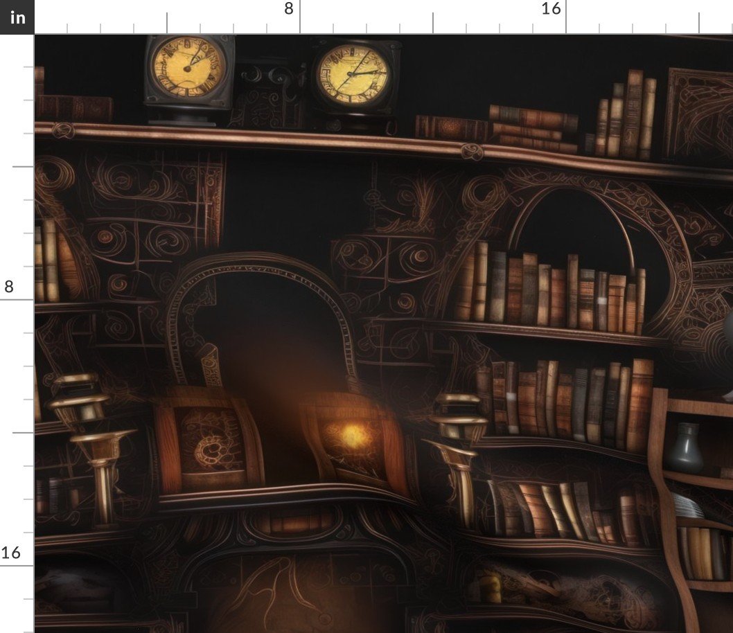Spooky Photo-realistic Dark Academia Stampunk Bookshelves in Muted Tones with Glowing Candles and Skulls Fabric