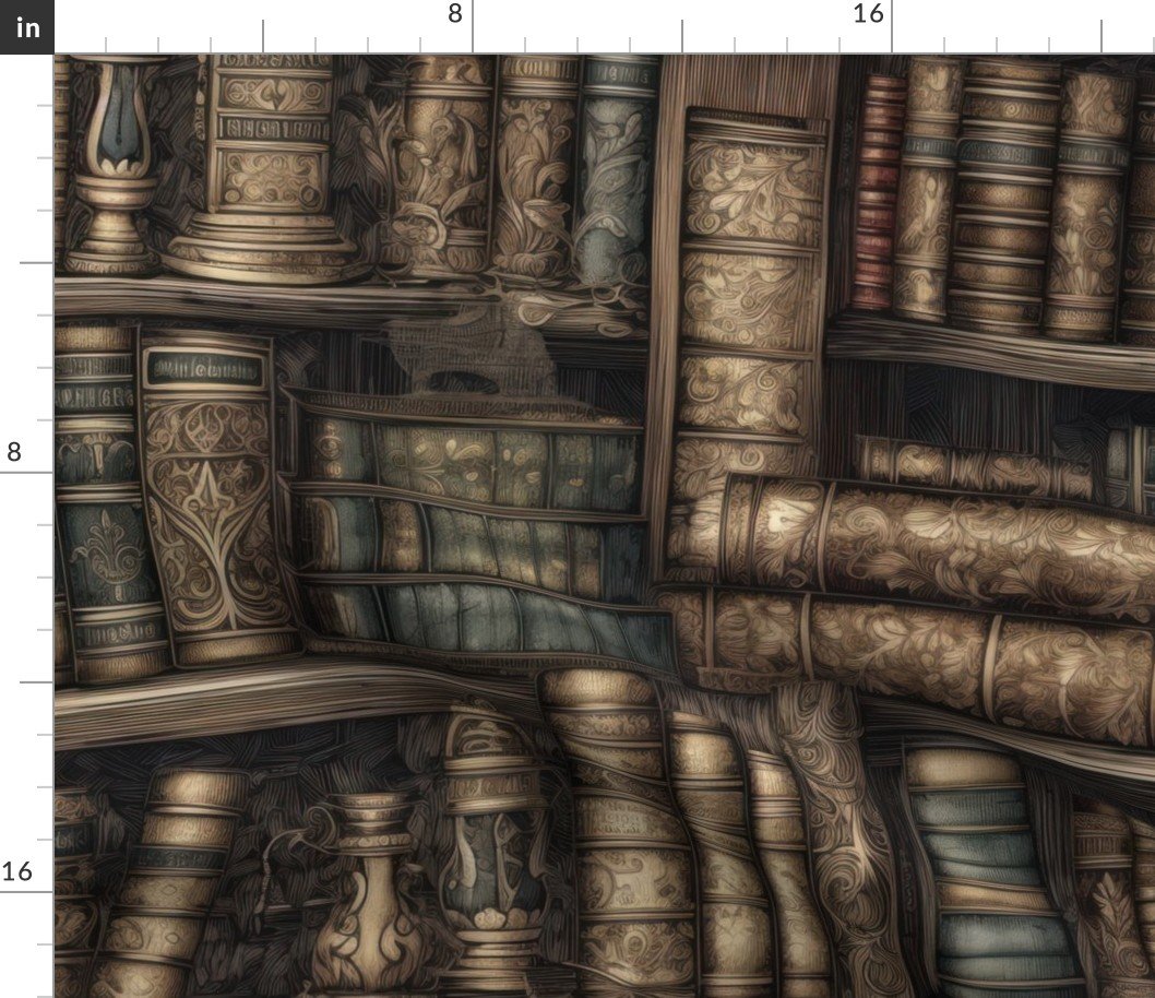 Stacked Bound Vintage Books in Muted Tones on Library Book Shelf Fabric