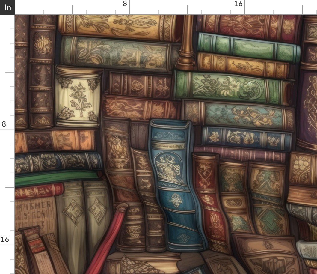 Stacked Bound Vintage Books on Library Book Shelf Fabric
