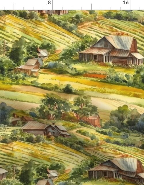 Summer Farm Landscape Watercolor Fabric