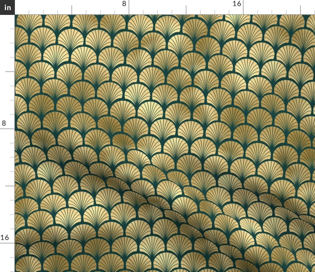 Teal and Faux Gold Foil Vintage Art Deco Fan Palms Pattern Fabric