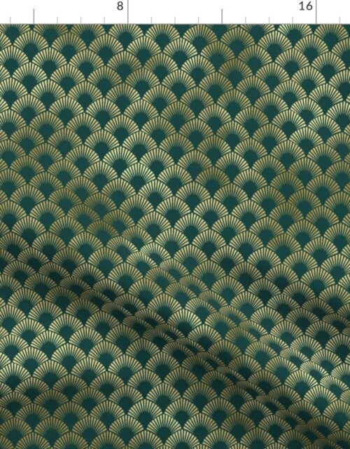 Teal and Faux Gold Foil  Vintage Art Deco Ringed Scales Pattern Fabric