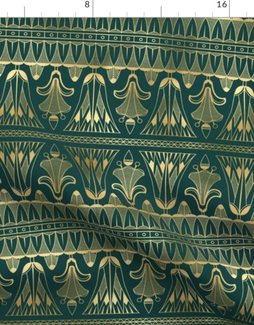 Teal and Faux Gold Vintage Foil Art Deco Egg and Dart Frieze Pattern Fabric