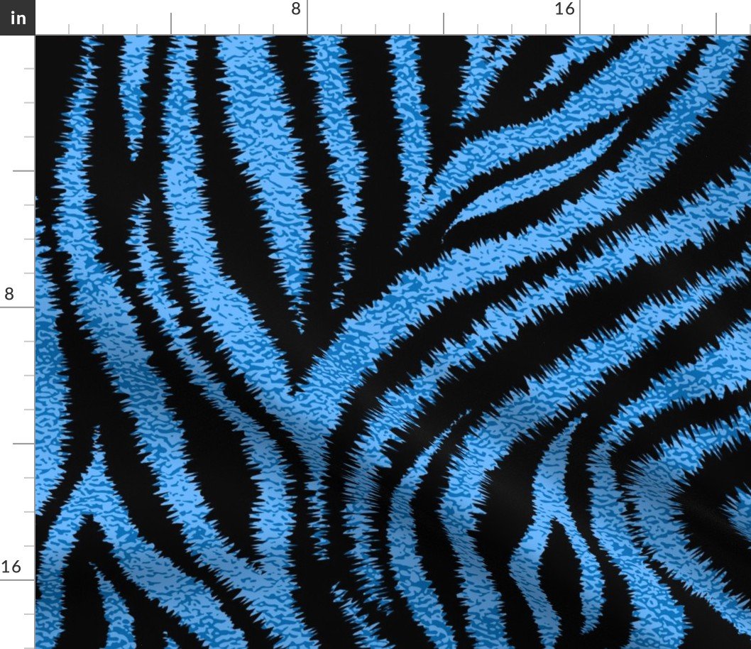 Textured Animal Striped Tiger Fur in Bold Cornflower Blue and Black Swirling Zebra Stripes Fabric