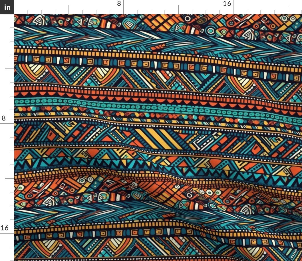 Tribal Mudcloth Boho Ethnic Print in Aqua, Teal, Gold and Orange Fabric