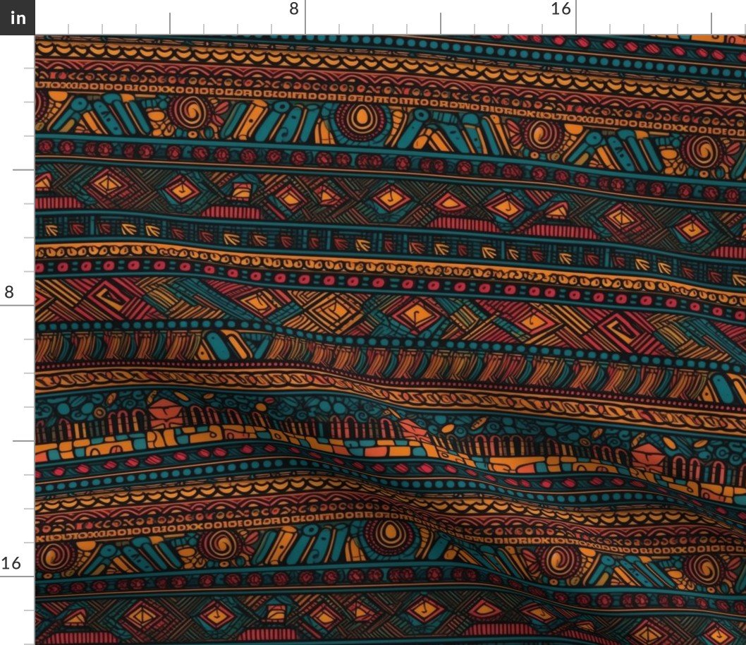 Tribal Mudcloth Boho Ethnic Print in Brown, Teal, Burgundy and Orange Fabric