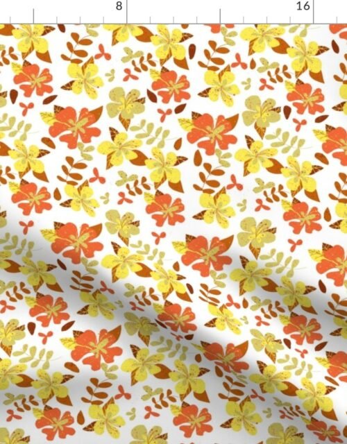 Tropical Orange and Brown Hibiscus Retro Repeat on White Fabric