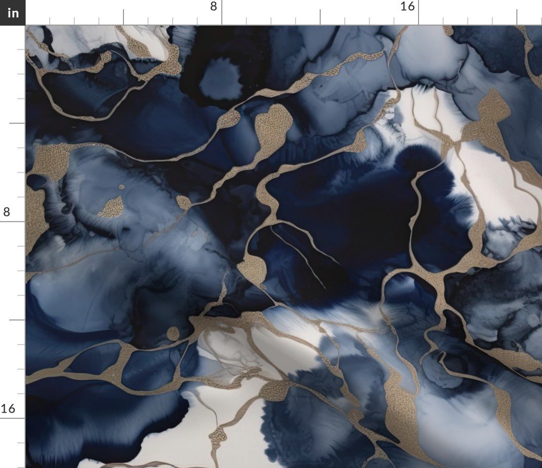 Twilight Navy Blue and Grey with Antique Gold Alcohol Ink Liquid Swirls Fabric