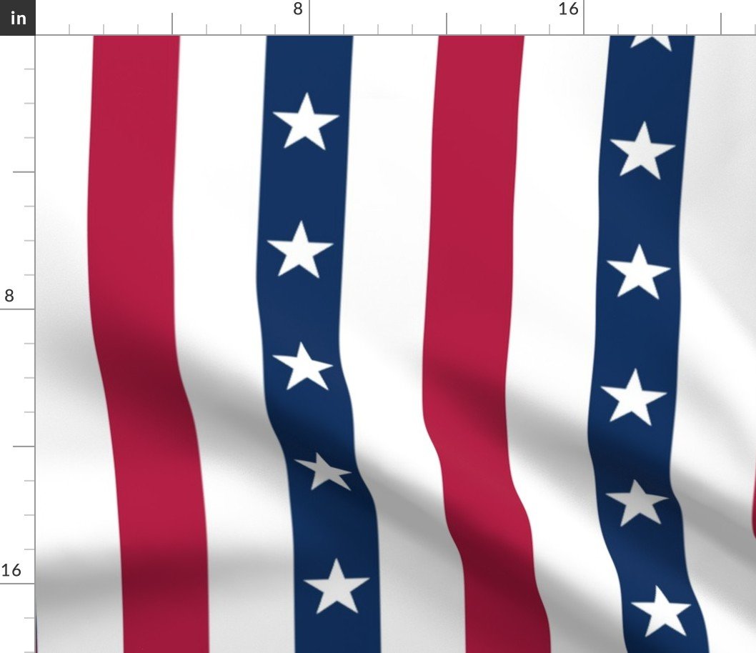 USA Flag Colors of Red, White and Blue with Stars in Alternating 2 Inch Wide Vertical Stripes Fabric