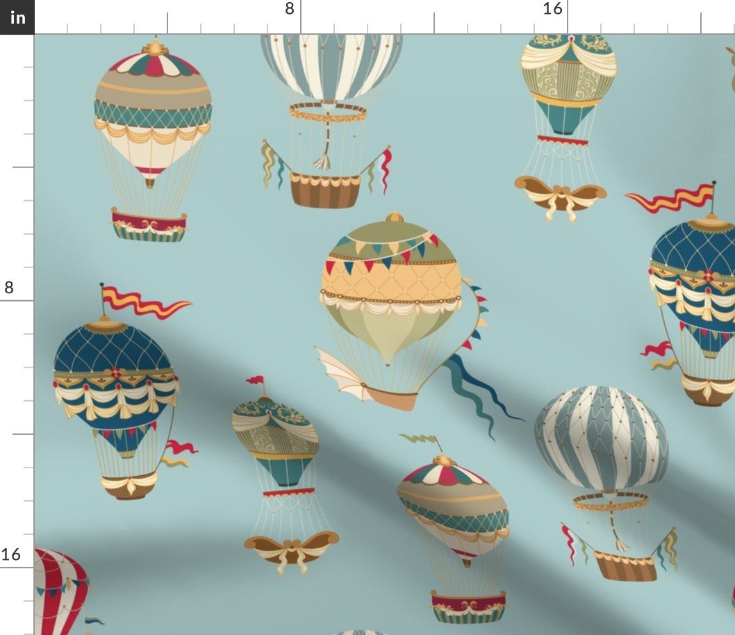 Vintage Hot Air Balloons in Sky Blue Fabric