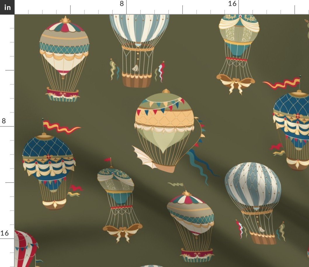 Vintage Hot Air Balloons on Khaki Green Fabric