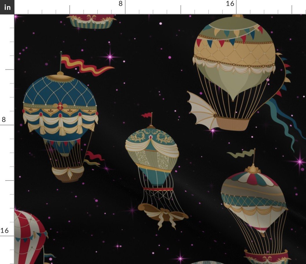 Vintage Ornamental Winged Hot Air Helium Balloons Bright Pink Starry Night Fabric