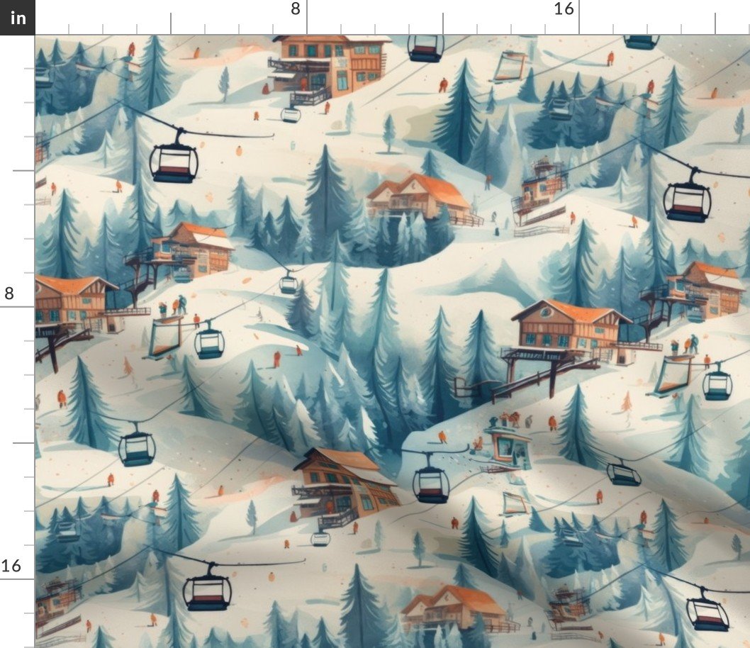 Vintage Ski Slope Cabins in Blue Woods Fabric