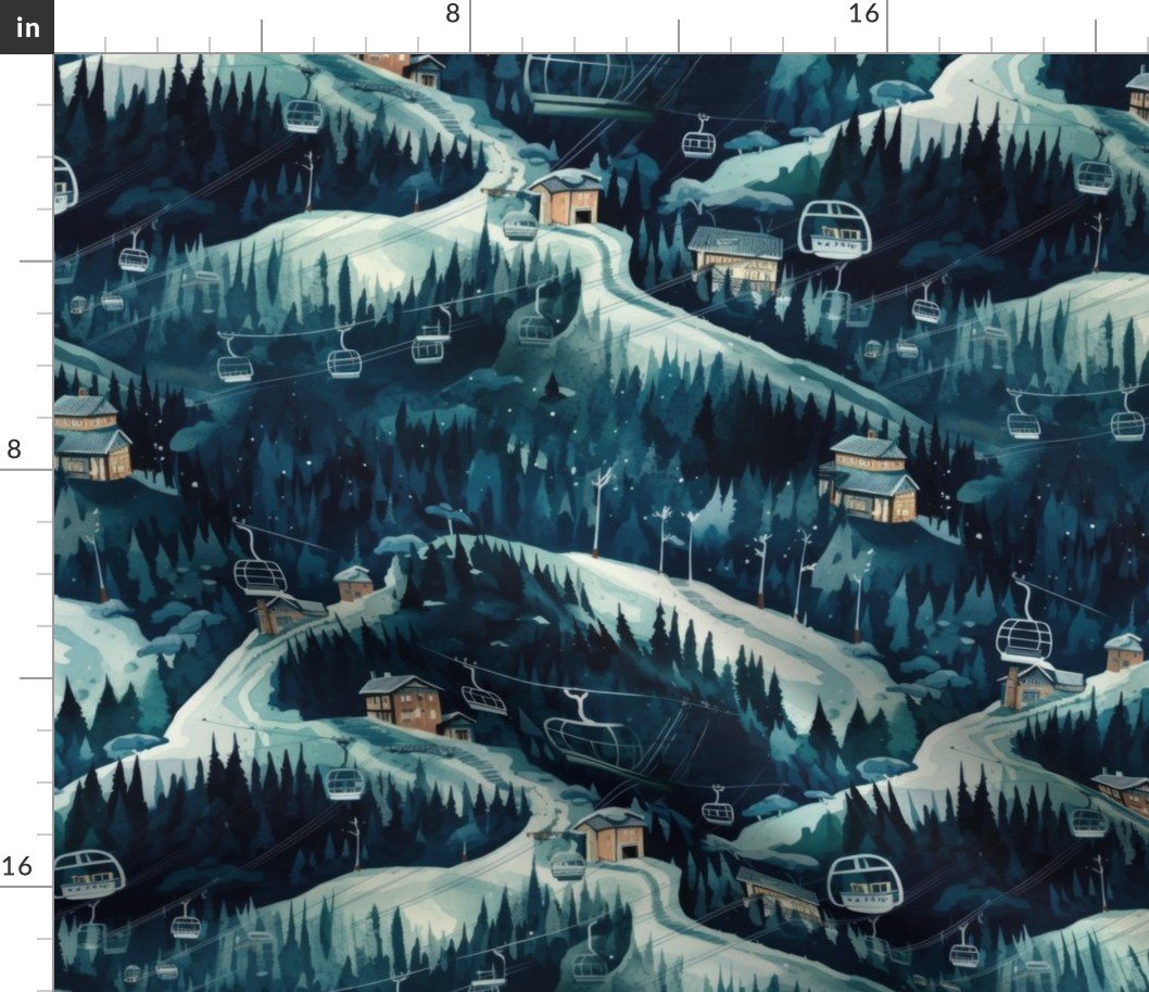 Vintage Ski Slope Cabins in Night Woods Blue Fabric