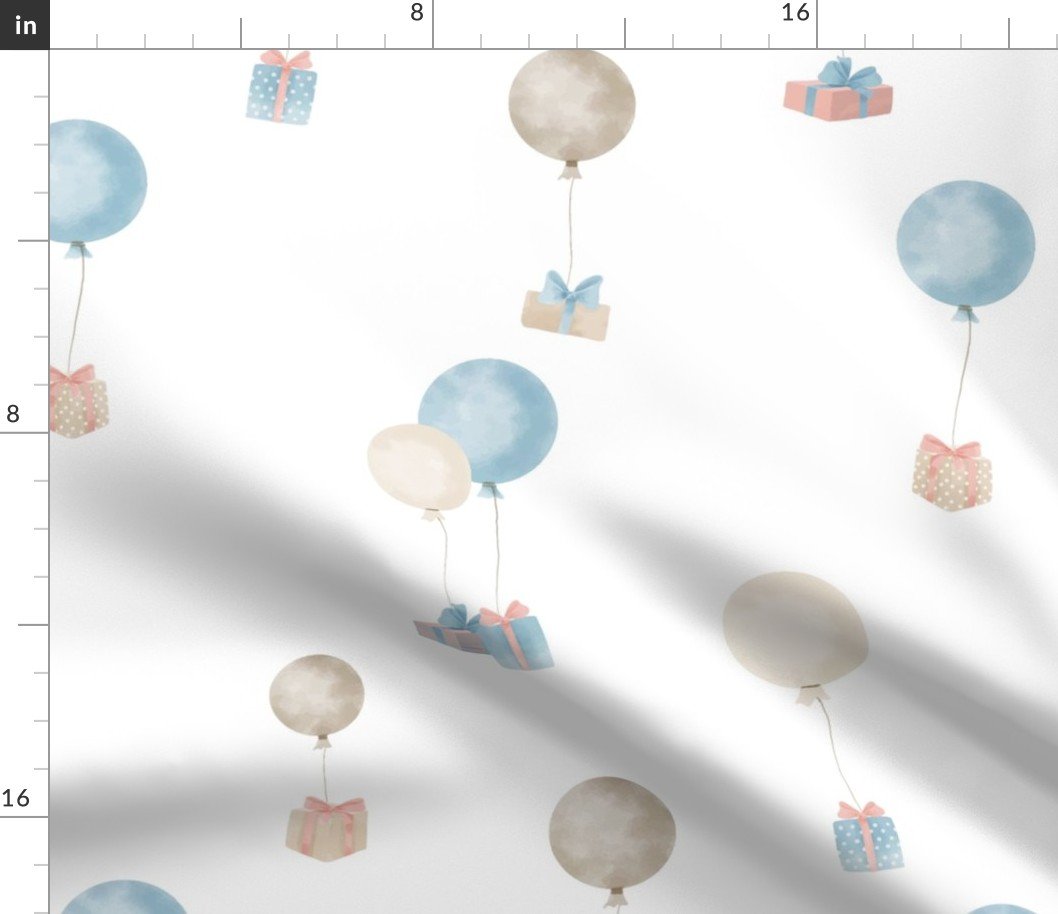 Watercolor Large Balloons Carrying Gift Boxes Fabric
