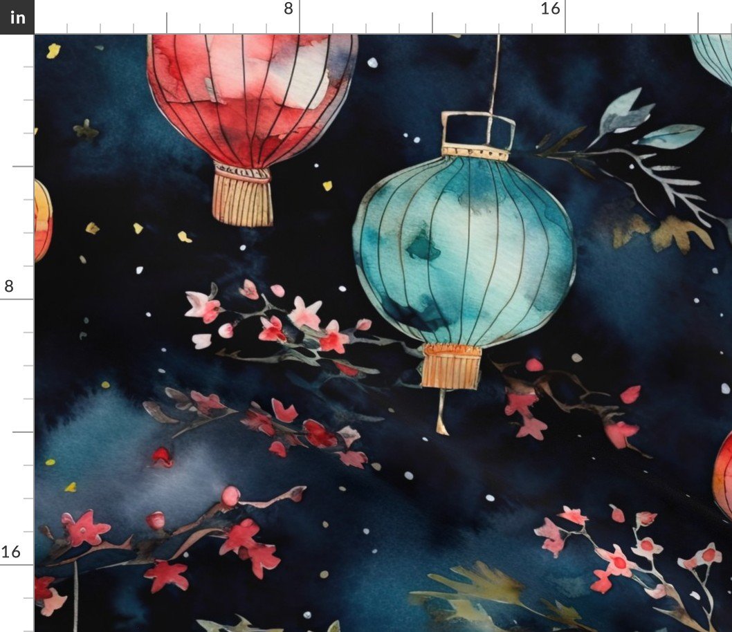 Watercolor Multi-Colored Chinese Paper Lanterns Fabric