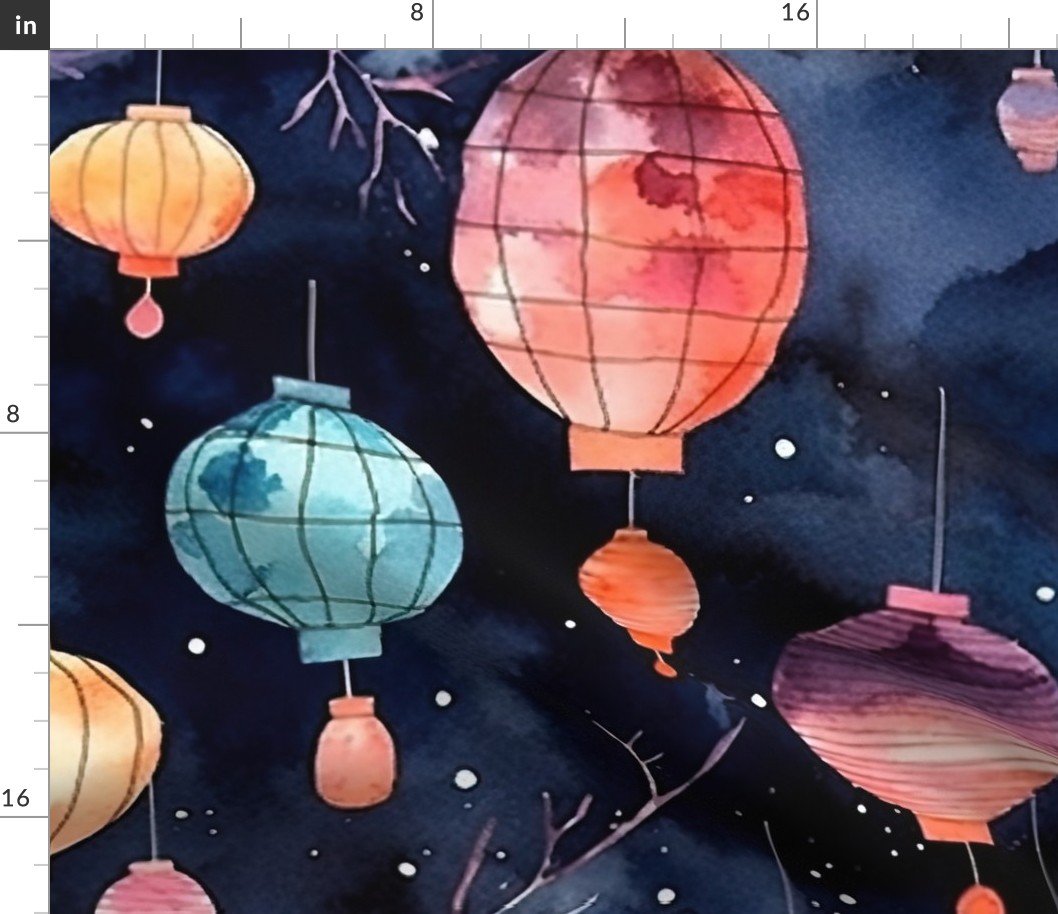Watercolor Multi-Colored Chinese Paper Lanterns Fabric