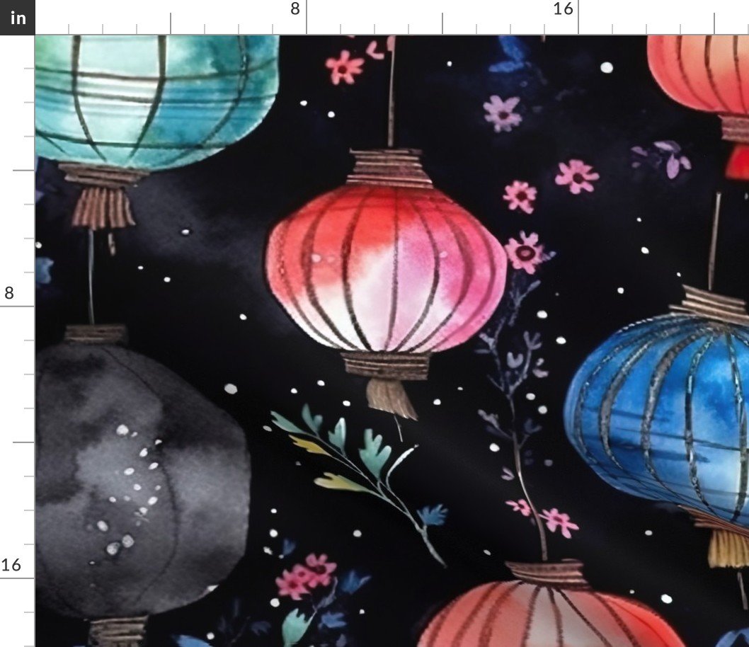 Watercolor Multi-Colored Chinese Paper Lanterns Fabric