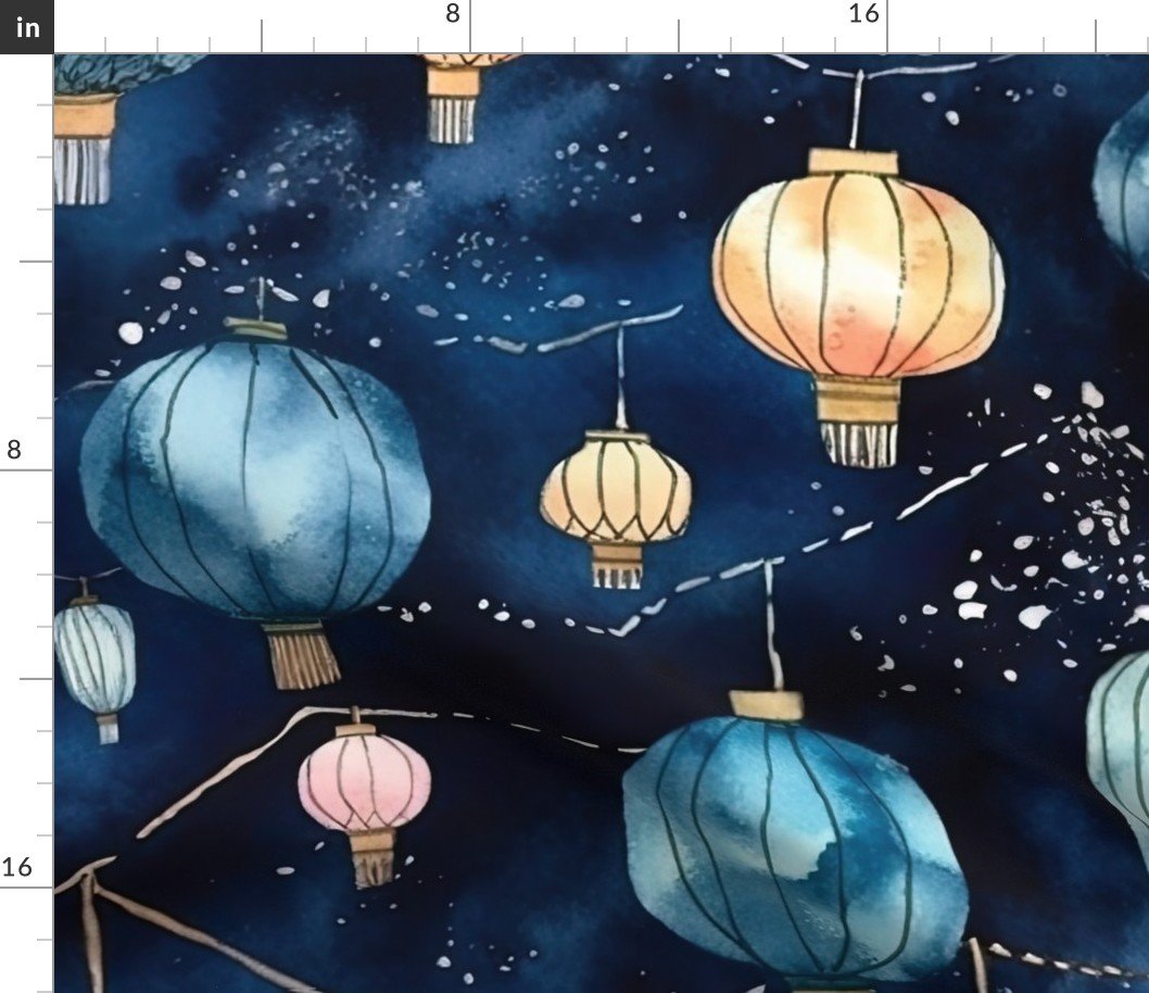 Watercolor Multi-Colored Chinese Paper Lanterns Fabric