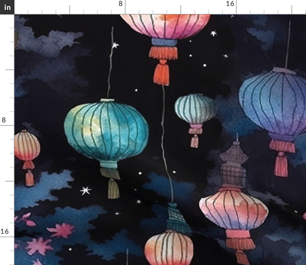 Watercolor Multi-Colored Chinese Paper Lanterns Fabric