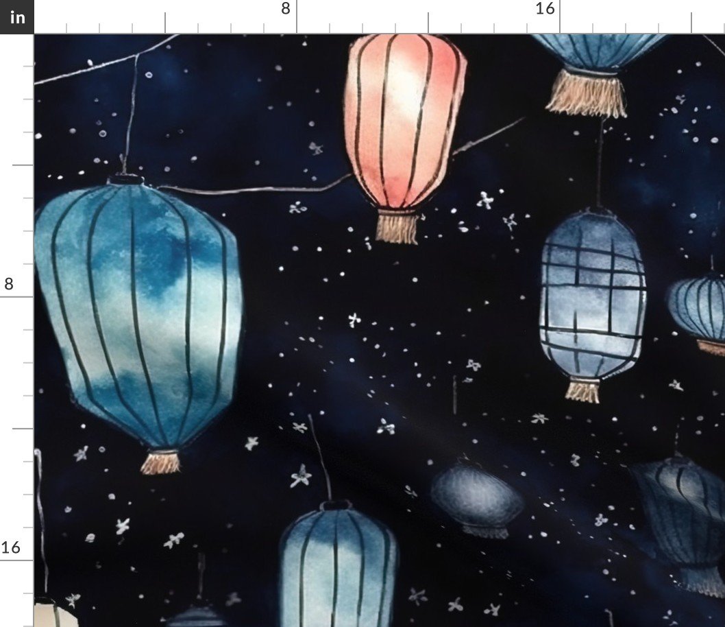 Watercolor Multi-Colored Chinese Paper Lanterns Fabric