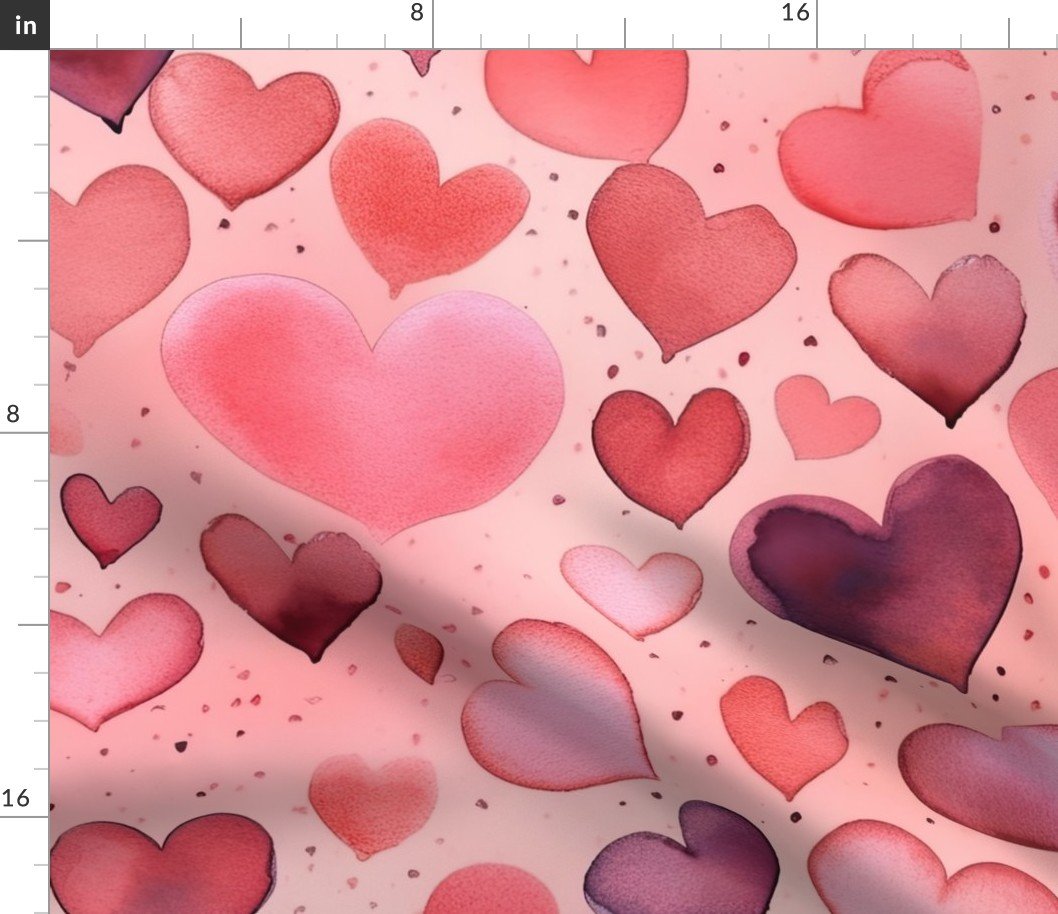 Watercolor Pink and Red Valentines Hearts Fabric