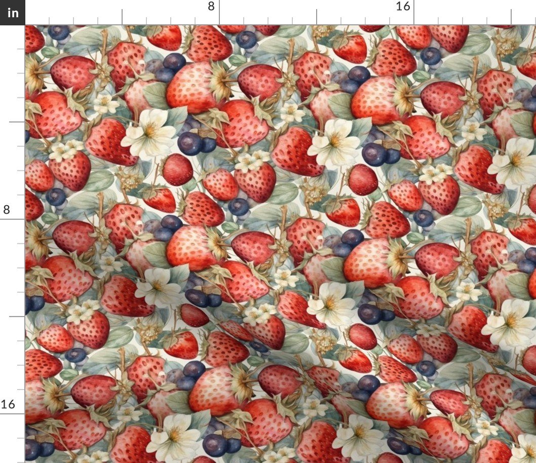 Watercolor Summer Berries blueberries and Strawberries Fabric