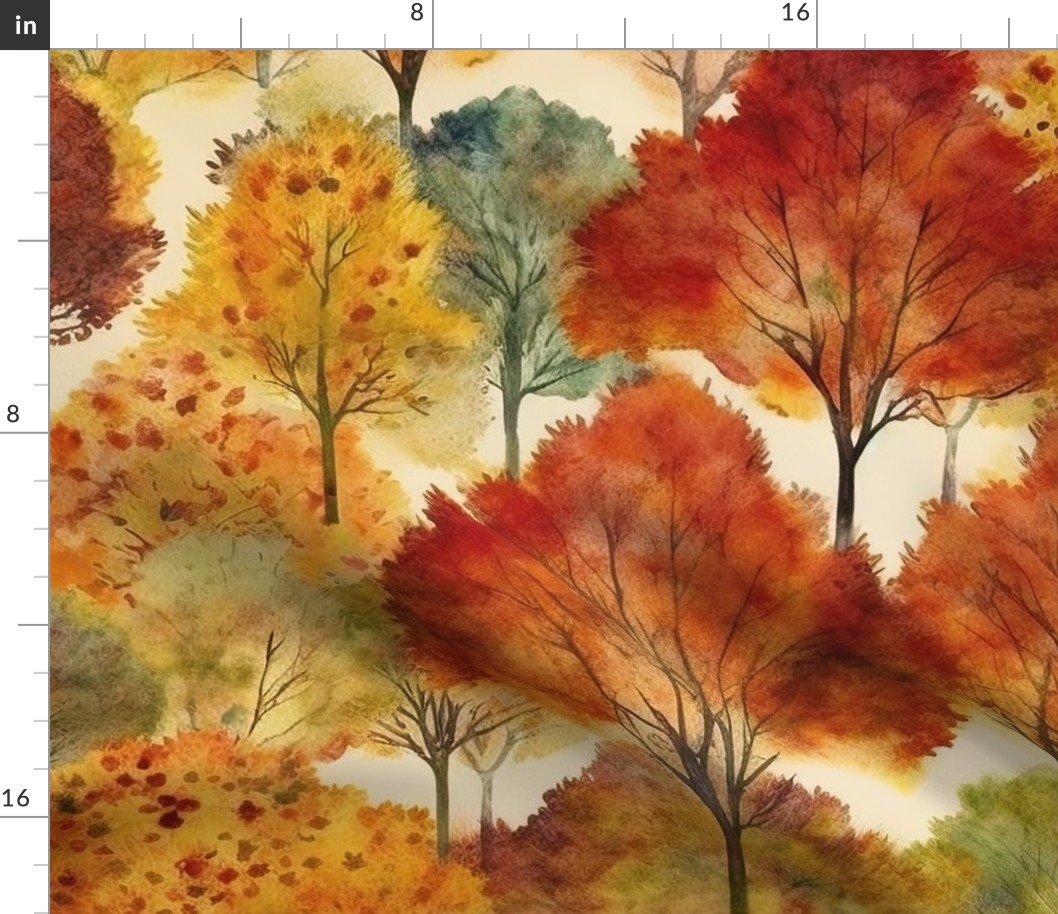 Watercolor of New England Endless Forest Fall Trees Fabric