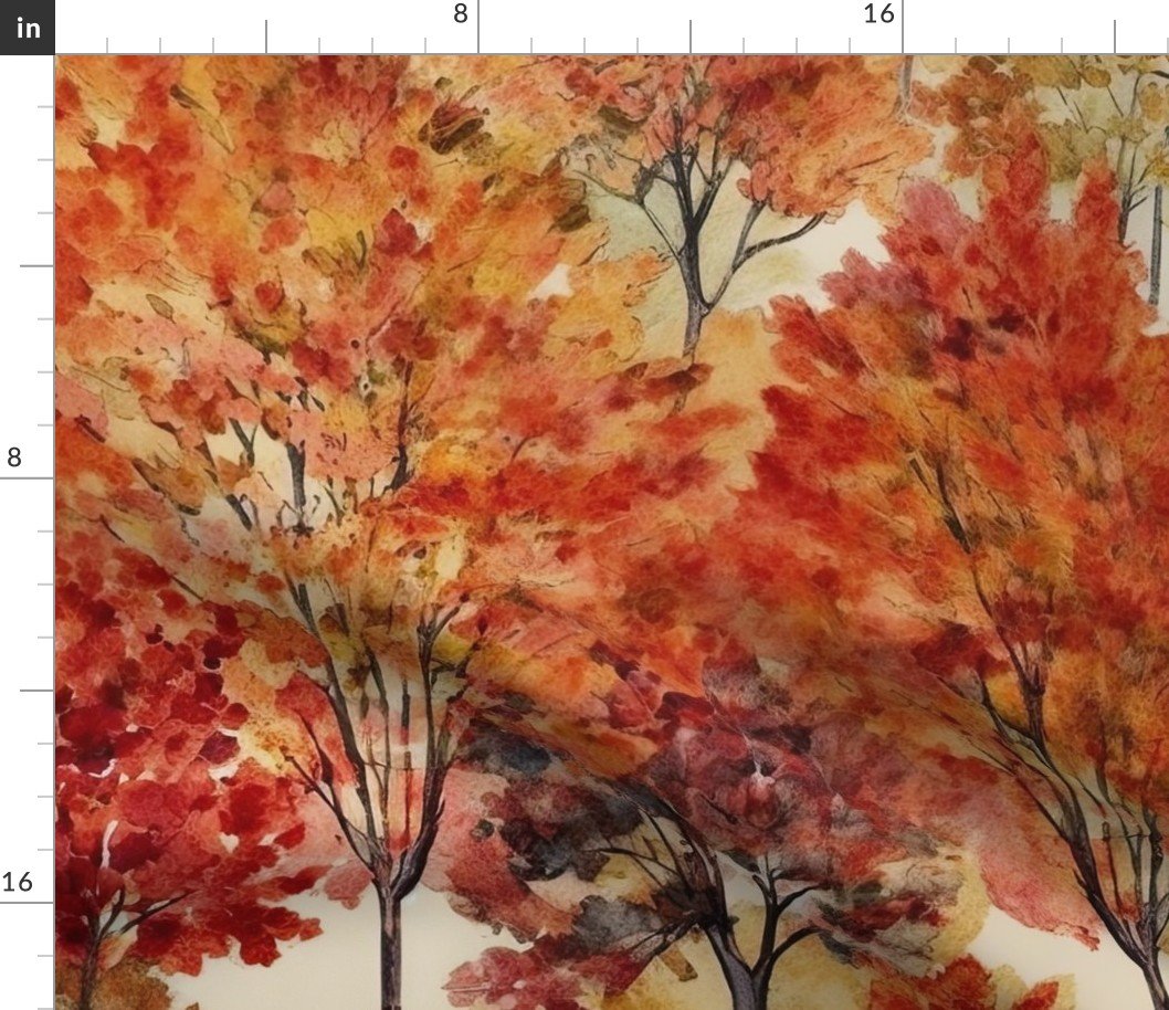 Watercolor of New England Endless Forest Fall Trees Fabric