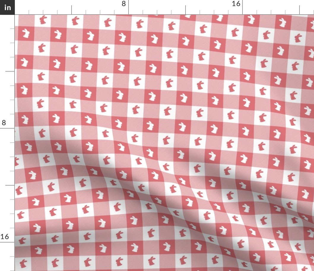 Watermelon and White Gingham Easter Check with Center Bunny Medallions in Watermelon and White Fabric