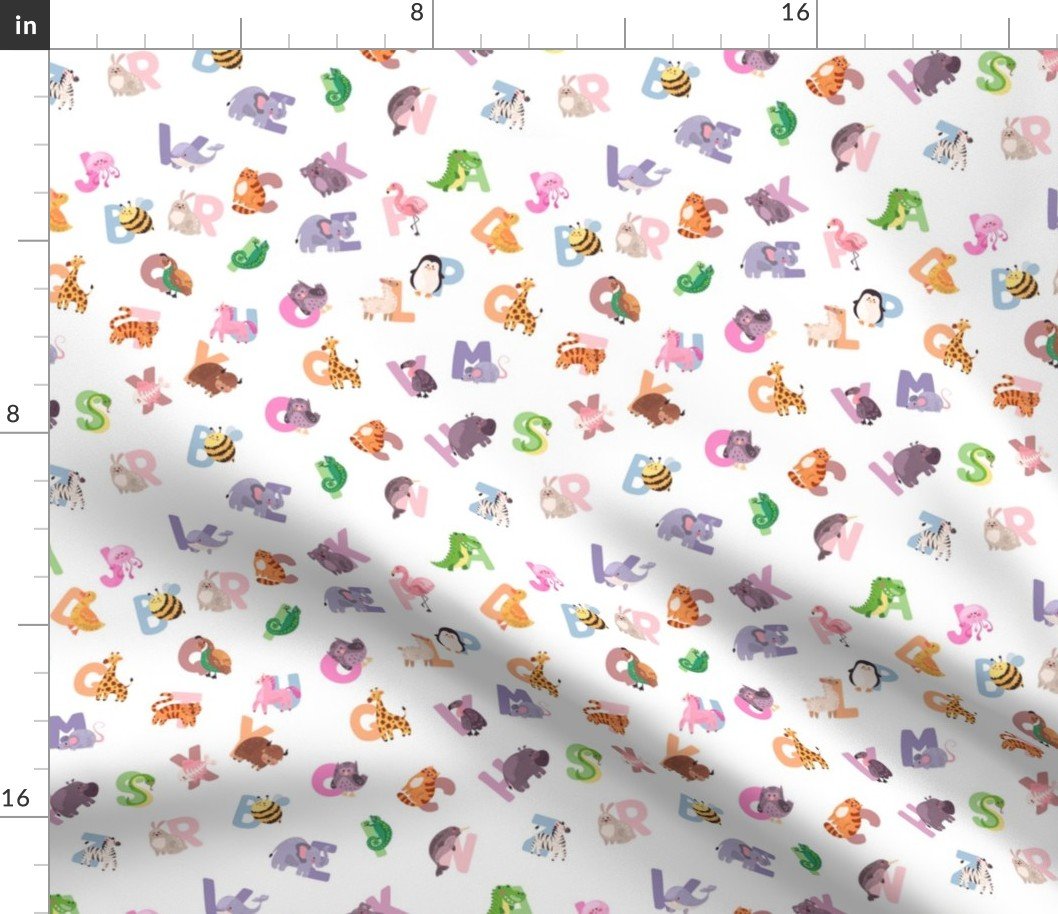 Whimsical Nursery Alphabet in Adorable Animals for Babies and Children 1 Inch on White Fabric
