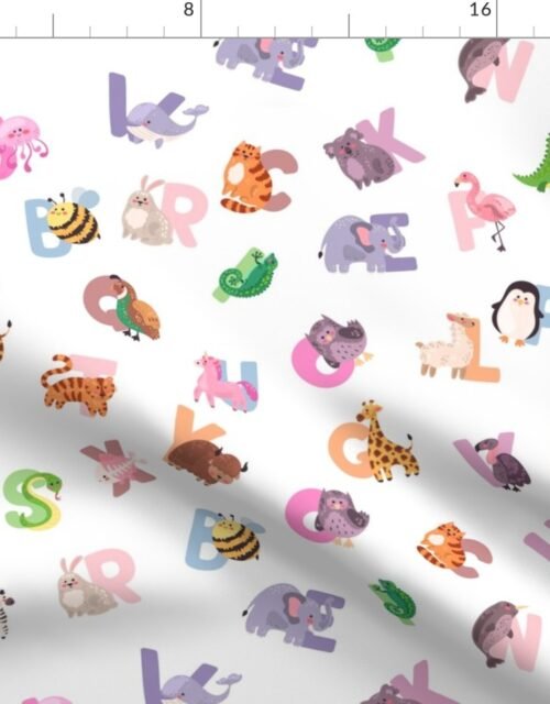 Whimsical Nursery Alphabet in Adorable Animals for Babies and Children 2 Inch on White Fabric