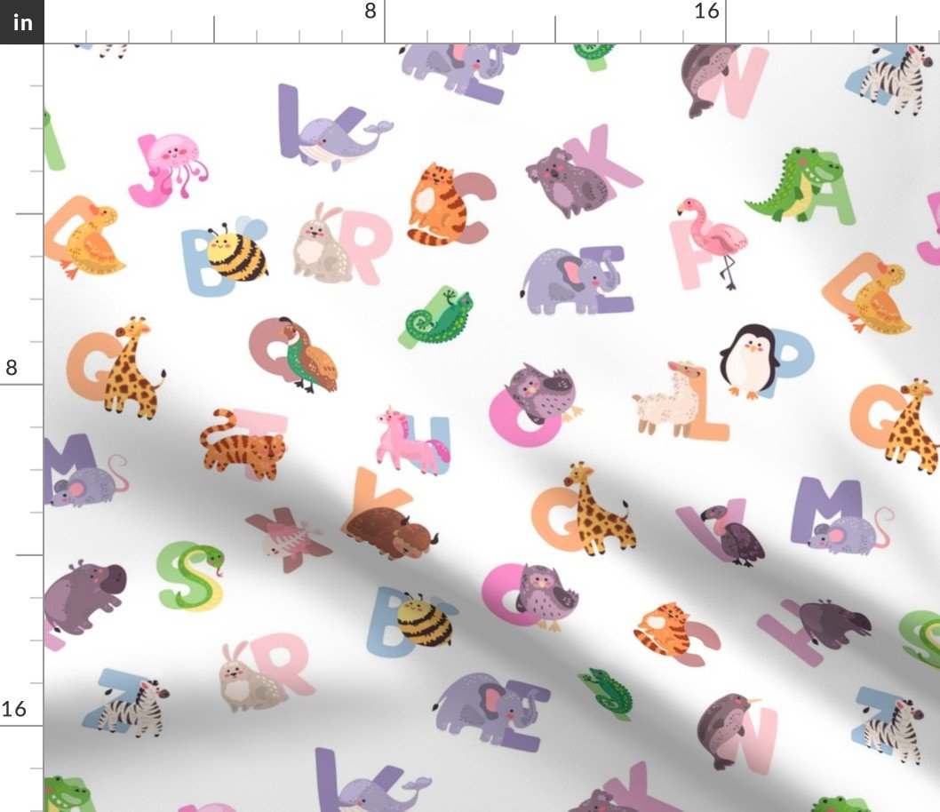 Whimsical Nursery Alphabet in Adorable Animals for Babies and Children 2 Inch on White Fabric