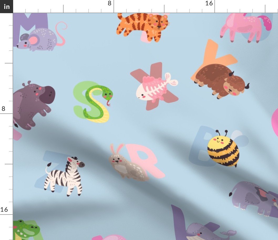 Whimsical Nursery Alphabet in Adorable Animals for Babies and Children 3-4 Inch on Baby Blue Pastel Fabric