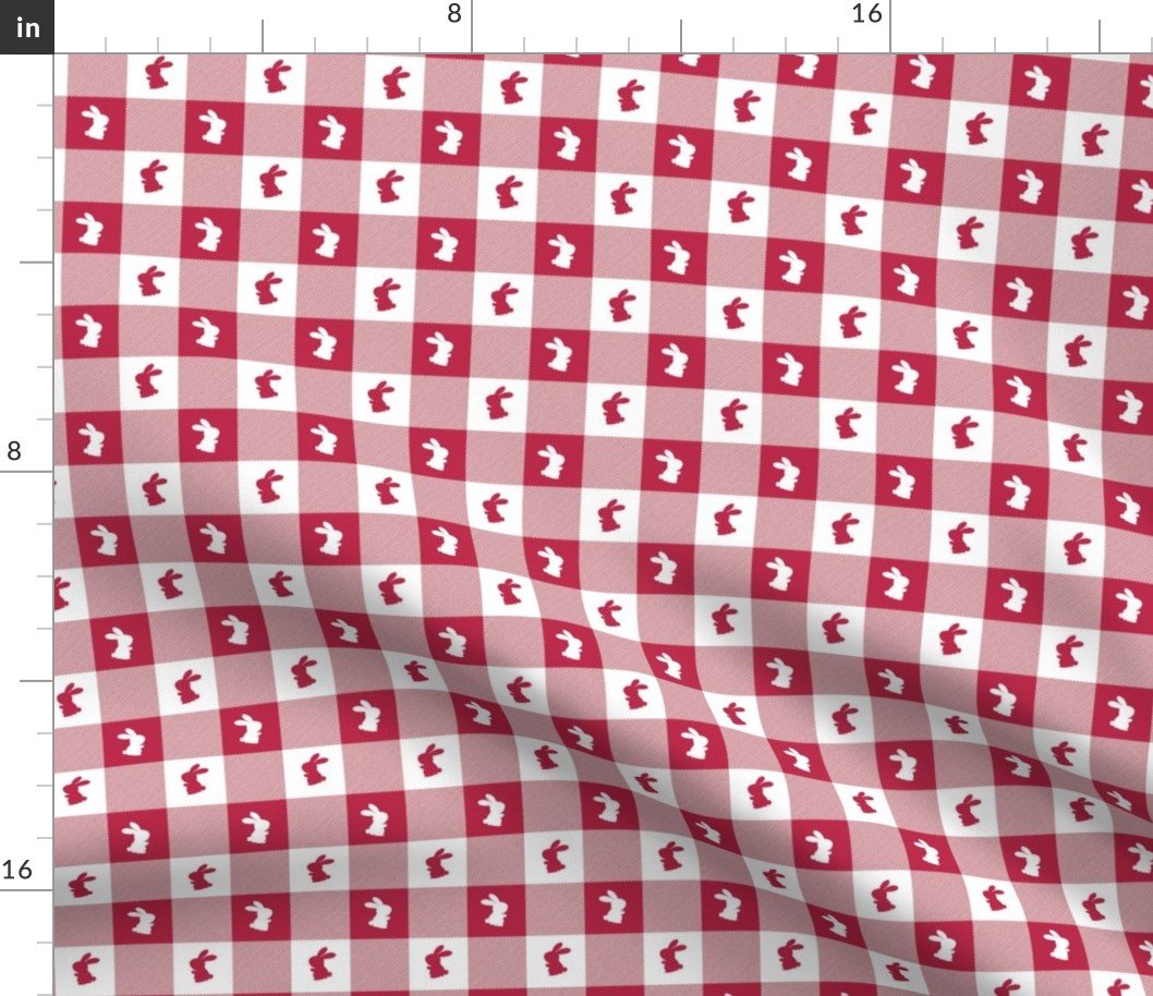 White  and Magenta Gingham Check with Center Bunny Medallions in White  and Magenta Fabric