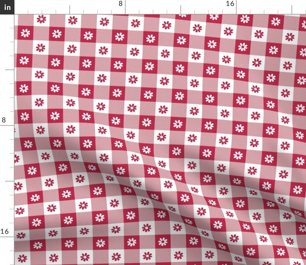 White  and Magenta Gingham Check with Center Flowers Medallions in White  and Magenta Fabric