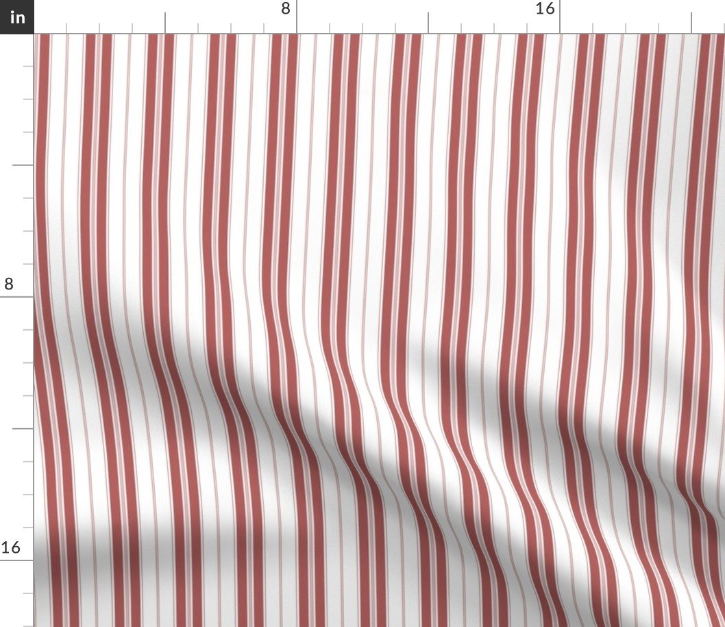 Wine Red and White Micro Vintage English Country Cottage Ticking Stripe Fabric
