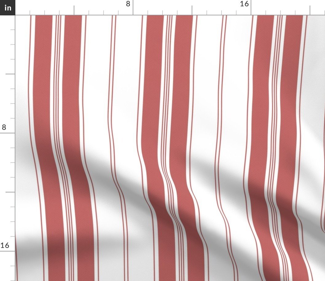 Wine Red and White Vintage American Country Cabin Ticking Stripe Fabric