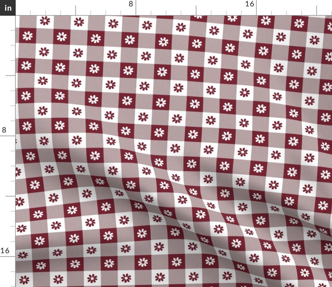 Wine  and White Gingham Floral Check with Center Floral Medallions in Wine and White Fabric
