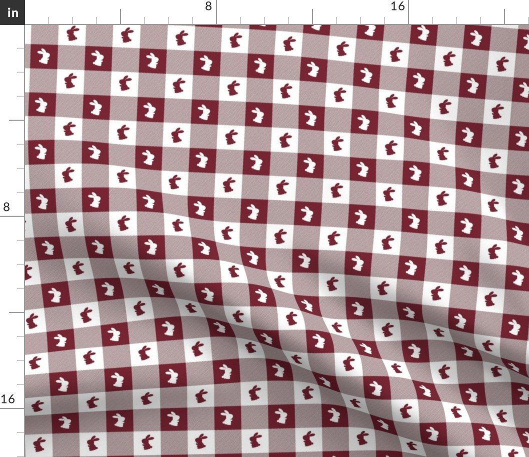 Wine and White Gingham Easter Check with Center Bunny Medallions in Wine and White Fabric