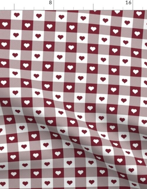 Wine and White Gingham Valentines Check with Center Heart Medallions in Wine and White Fabric