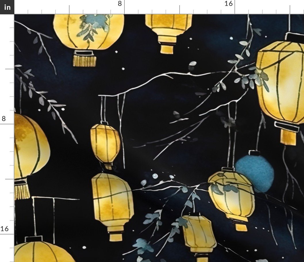 Yellow Glowing Chinese Paper Lanterns Watercolor Fabric