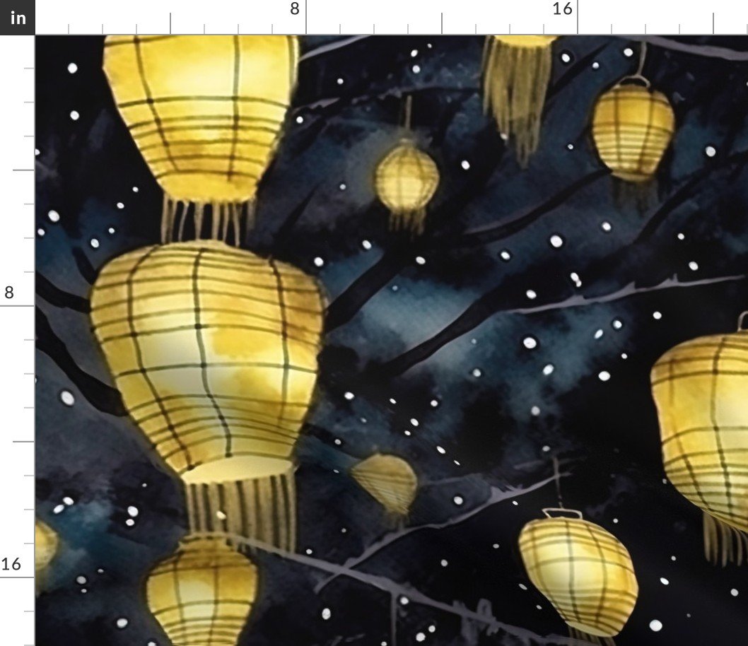 Yellow Glowing Chinese Paper Lanterns Watercolor Fabric